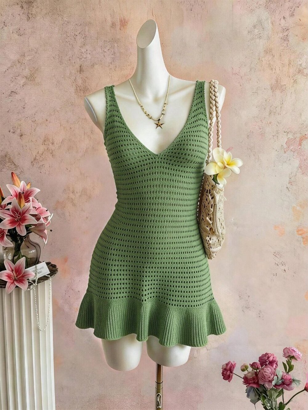 Army Green Casual Women's Sleeveless V-Neck Backless Knit Dress - Picture 4 of 7